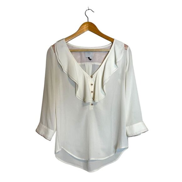 Anthropologie HD in Paris Cream Pink Sparkle Elinor Ruffle Long Sleeve Top - Picture 3 of 17